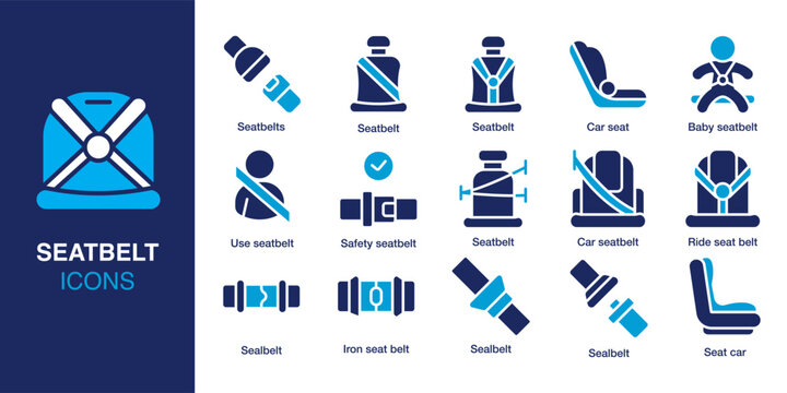 Seat belt icon set. Containing car seat, safety belt, baby seat, buckle, use seat belt, ride safety and more. Solid vector icons collection. Vector illustration.