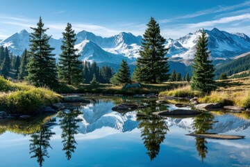 Peaceful mountain lake with trees