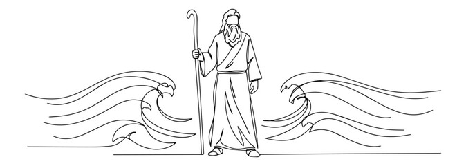 moses parting the red sea fluid one-line design in a sleek black-and-white style