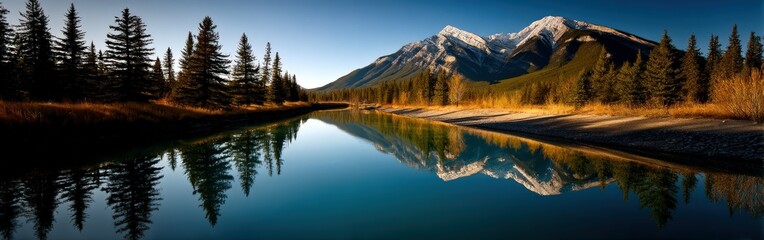 Fototapeta premium Serene river reflecting majestic mountains at sunrise