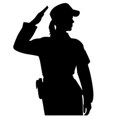 Silhouette simple, plate et minimaliste d’une femme soldat saluant, de couleur noire, sur fond blanc