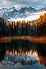 Mountain reflections on a tranquil lake in autumn