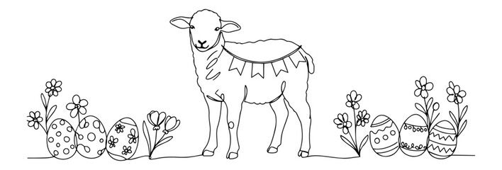 lamb with decorated easter eggs continuous stroke illustration
