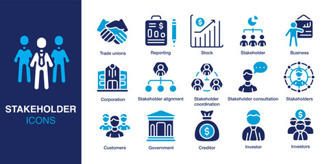 Stakeholder icon set. Containing alignment, coordination, investor, trade unions, government, customer and more. Solid vector icons collection. Vector illustration.