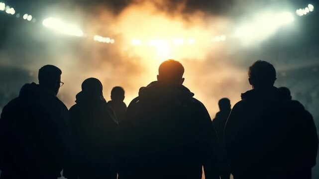 A cinematic team huddle before a tournament, dramatic backlight casting silhouettes