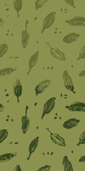 Vertical seamless vector pattern featuring hand-drawn cardamom pods and seeds in rich green shades. Perfect for tea, cosmetics, textiles, organic packaging, and culinary design.