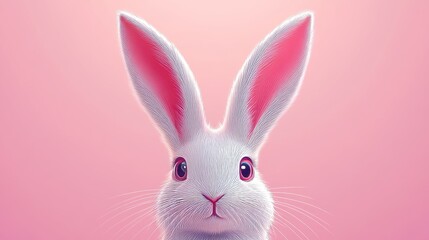Obraz premium A fluffy white bunny, featuring long pink ears, sits against a soft pink background, representing the sweet innocence and joy of spring and Easter
