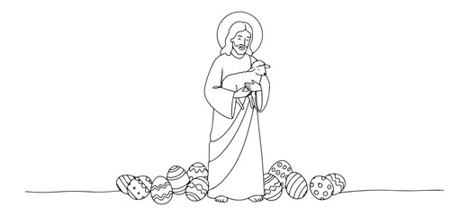 jesus holding lamb with decorated easter eggs black and white vector illustration