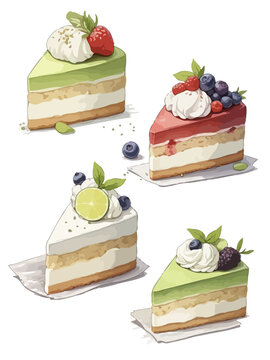Slice of Cake Vector Design on White Background, hand drawn watercolor painting of cake slice Watercolor set of different sweet cakes. Hand-drawn illustration.