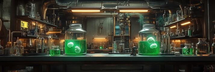 A chilling mad scientist&rsquo;s lab with floating brains in jars, glowing green liquid, and twisted steampunk experiments. Highly detailed, cinematic horror setting perfect for dark sci-fi projects.