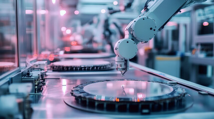 Robotic arms handling a semiconductor wafer in a cleanroom