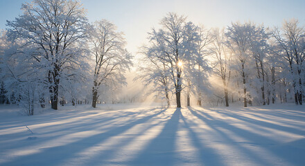 Fototapeta premium Winter Sunrise: Frozen Forest's Golden Embrace AI Generated