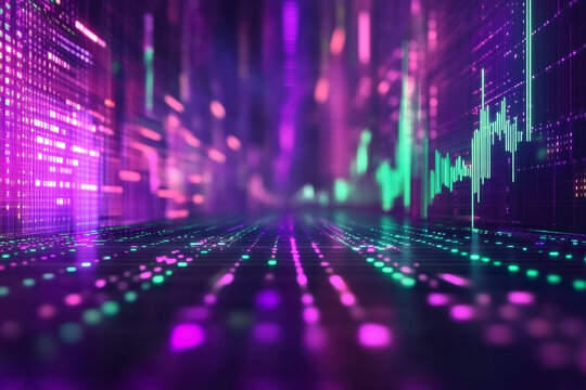 Rising financial graph in a glowing neon grid sharp green and purple lines sleek digital interface futuristic stock market vibe vibrant data flow bold investment energy