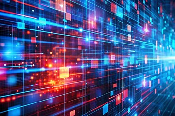 Futuristic Abstract Network with Glowing Red and Blue Lines and Squares Background