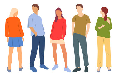  Set of young men and women , different colors, cartoon character, group of silhouettes of standing business people, students, design concept of flat icon, isolated on white background