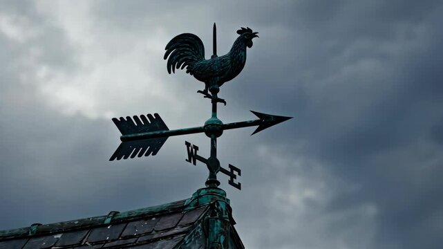 Weather vane with a rooster on a shingled roof against a cloudy, stormy sky, creating a sense of foreboding.
