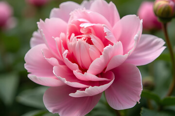 Pink peony blossom with layered ruffled petals, natural lighting

