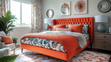 Modern bedroom with orange accents and patterned bedding.