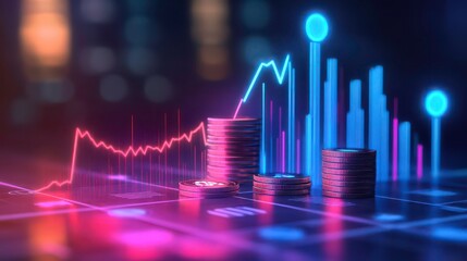 Growing stacks of coins on a financial graph showing rising profits and market growth.