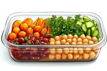 Healthy meal prep container with chickpeas carrots cucumbers and kidney beans