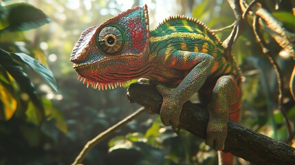 Colorful Chameleon Resting on Branch in Lush Tropical Forest Setting