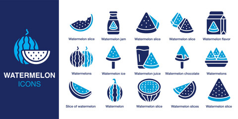 Watermelon icon set. Containing watermelon slice, watermelon jam, watermelon ice, watermelon juice, chocolate watermelon, fruit bowl and more. Solid vector icons collection. Vector illustration.
