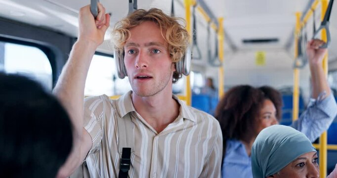 Man, headphones and music on bus with travel, commute and dance to audio tech in vehicle. Student, moving and male person on public transportation with listening to song for journey in morning