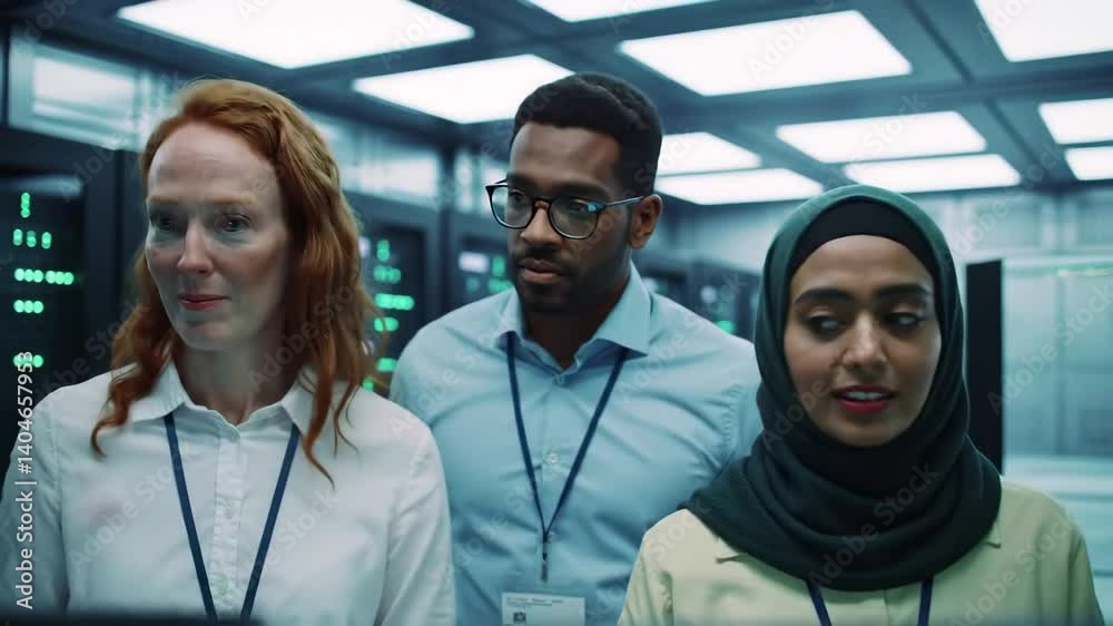 Poster engineers observe data center operations in control room during a monitoring session to ensure optim