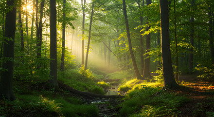 Sunlit Forest Scene with Stream and Lush Greenery during Morning in Nature