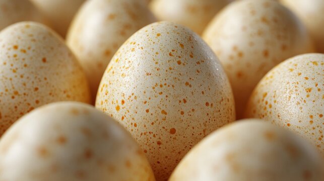 A cluster of golden eggs, adorned with speckles, brings a delightful springtime bounty, shining with warmth and the promise of new beginnings, and boasting a smooth, glossy texture