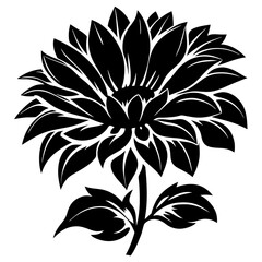 A Black and White Stylized Sunflower Illustration with Bold Petals and Leaves