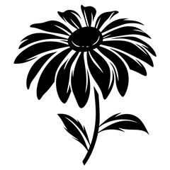Black and White Silhouetted Daisy Flower with Stem and Leaves Botanical Illustration