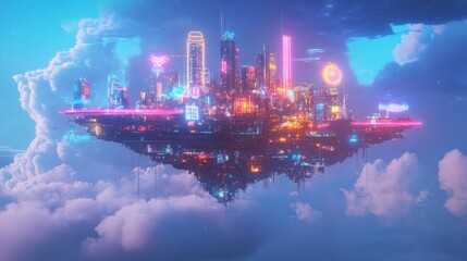 Obraz premium Futuristic City Floating Above the Clouds In The Night Sky