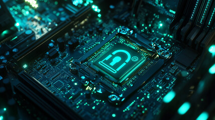 Fototapeta premium Close-up of a computer motherboard with a glowing safety lock icon symbolizing secure connection and cybersecurity services (9)