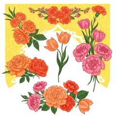 Floral arrangement of roses and tulips on white background
