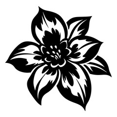 A striking black and white illustration of a stylized flower with intricate details