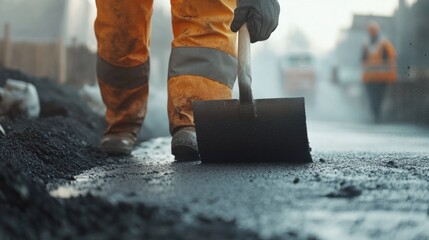 Paving worker leveling asphalt on freshly constructed roadway. Featuring precision and teamwork