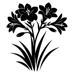 Black and White Silhouette of a Bouquet of Four Beautiful Flowers with Lush Green Leaves