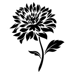 Elegant Black and White Silhouette of a Dahlia Flower with Leaves