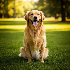 A cute golden retriever puppy, a happy purebred pet, runs on green grass