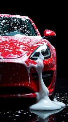 red modern car in foam on a car wash on a black background with copy space. car care banner with place for text. no people no body. vertical image.