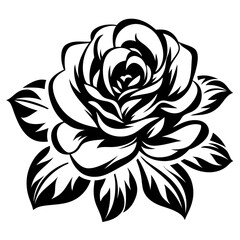 A Stunning Black and White Illustration of a Rose Flower with Detailed Petals and Leaves