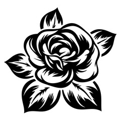 Black and White Detailed Illustration of a Single Rose Flower with Petals and Leaves