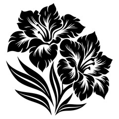 Elegant Black and White Floral Design Two Flowers with Leaves Artistic Botanical Illustration
