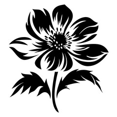 Black and White Stylized Flower with Sharp Petals and Leaves Botanical Illustration
