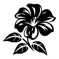 A Stunning Black and White Illustration of a Single Hibiscus Flower with Lush Leaves