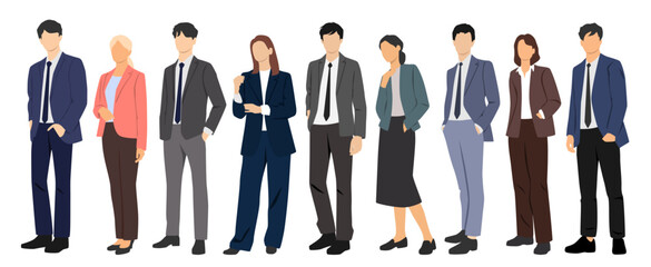  Set of young men and women, different colors, cartoon character, group of silhouettes of standing business people, design concept of flat icon, isolated on white background