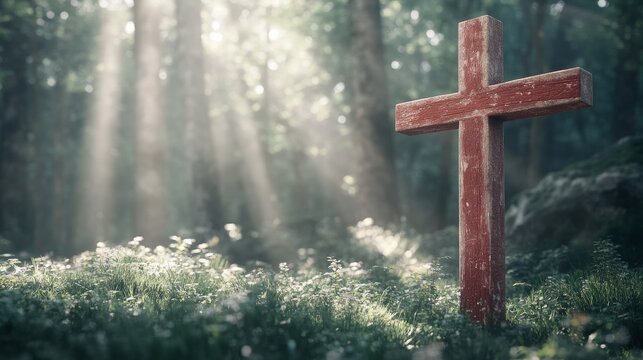 In the peaceful morning light, a faded wooden cross stands somberly on a sun-dappled forest path, invoking memories and calm