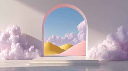 3D white cylindrical podium with cloud on sky,cotton candy and fluffy product display background,exhibition gallery display,vector,Product presentation realistic podium,platform,space for text.
