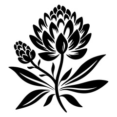 Elegant Black and White Floral Design of a Single Blooming Flower with Bud and Leaves